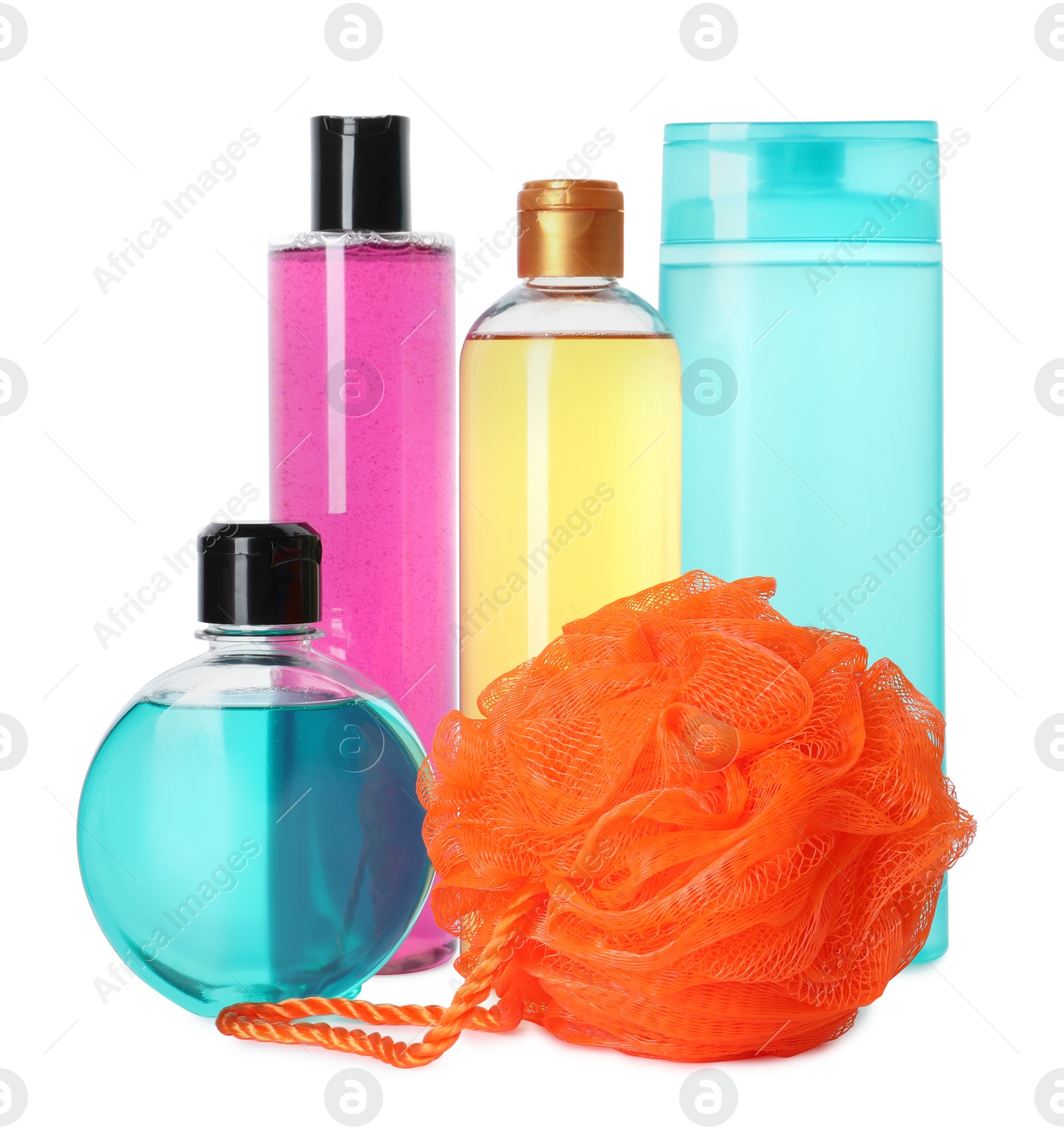 Photo of Personal hygiene products and shower puff on white background