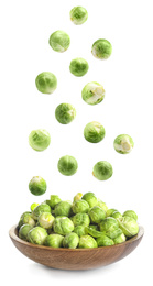 Fresh Brussels sprouts falling into bowl on white background