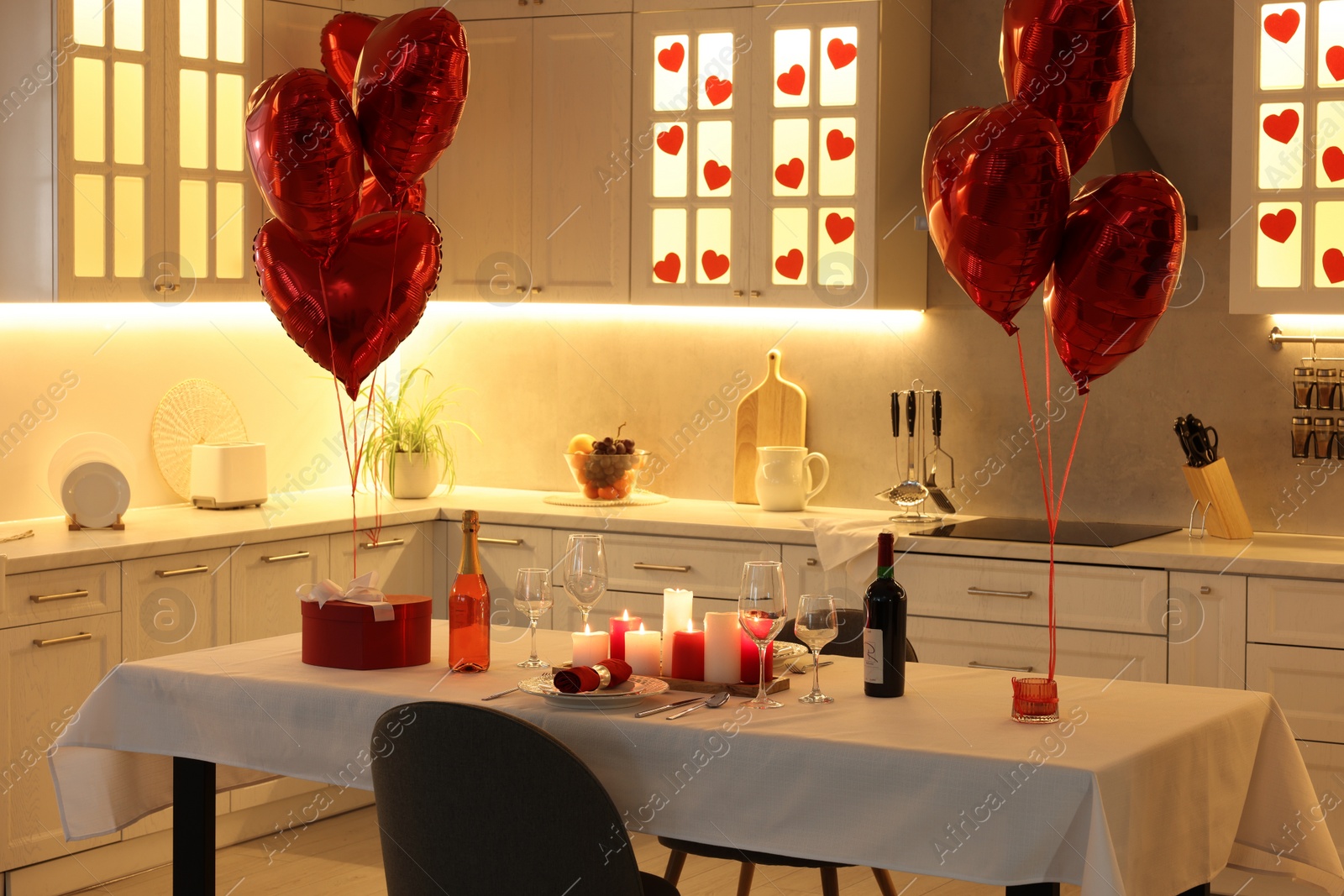 Photo of Romantic atmosphere. Cosy kitchen decorated for Valentine day