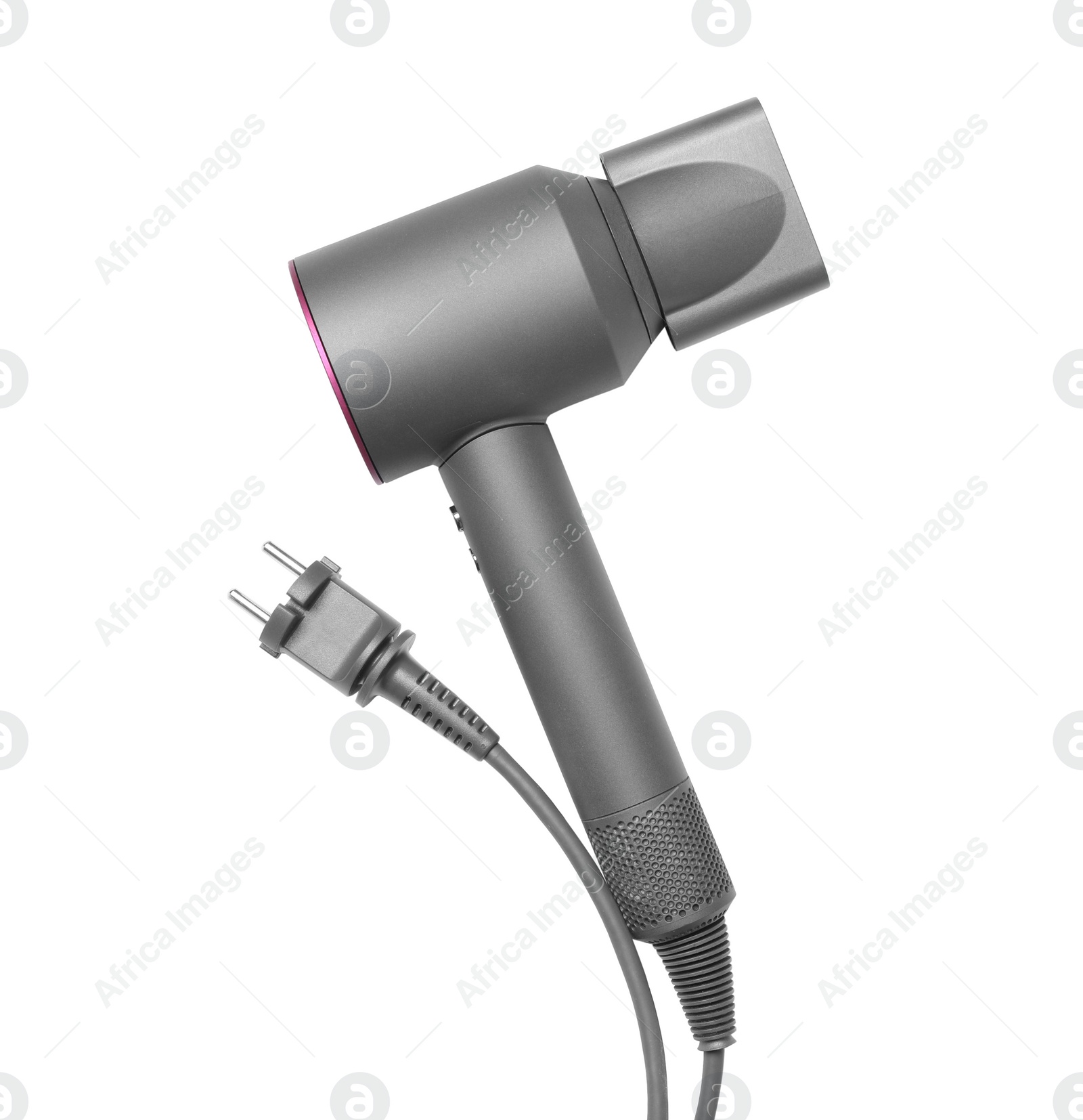 Photo of Modern hair dryer on white background, top view