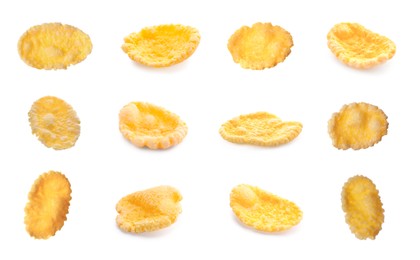 Image of Collage with tasty corn flakes on white background