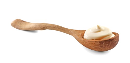 Photo of Natural yogurt in wooden spoon isolated on white