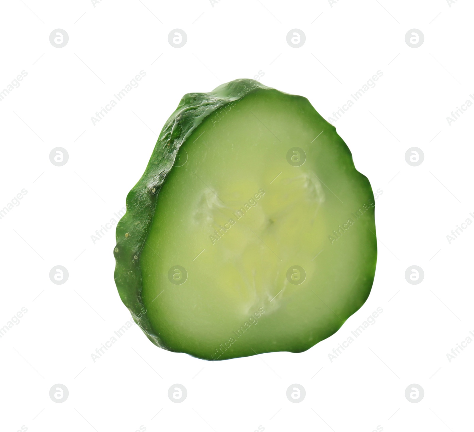 Photo of Slice of fresh cucumber on white background