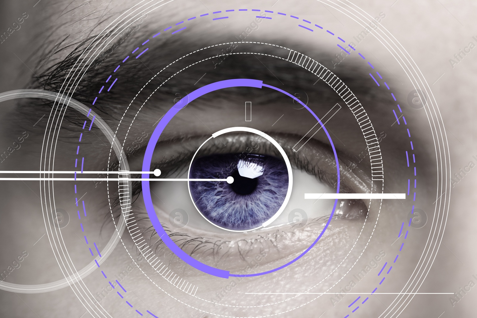 Image of Closeup view of man in process of scanning, focus on eye