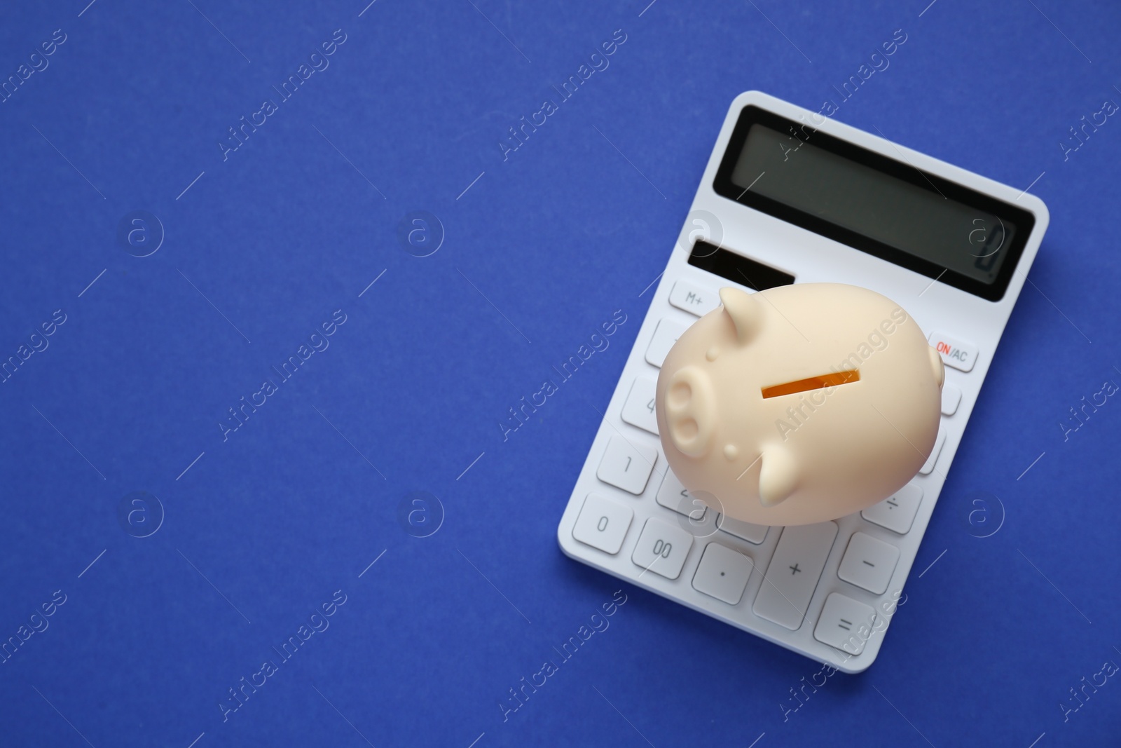 Photo of Piggy bank and calculator on blue background, top view. Space for text