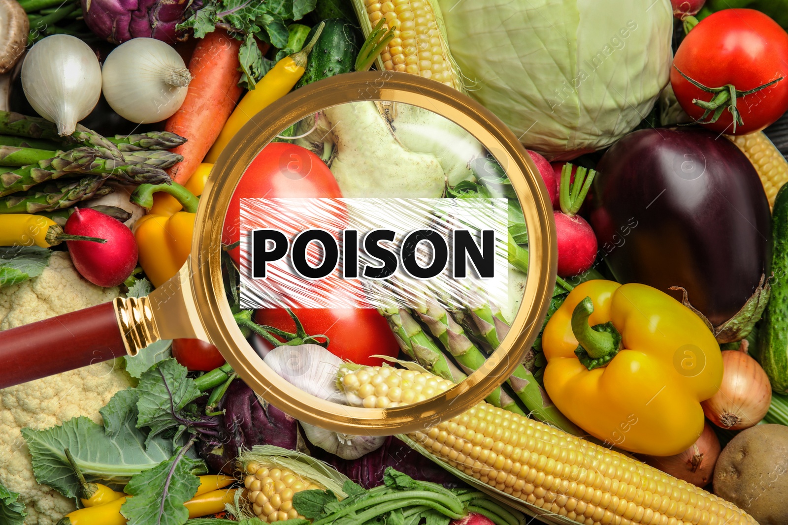 Image of Magnifying glass on vegetables, top view. Food poisoning concept  