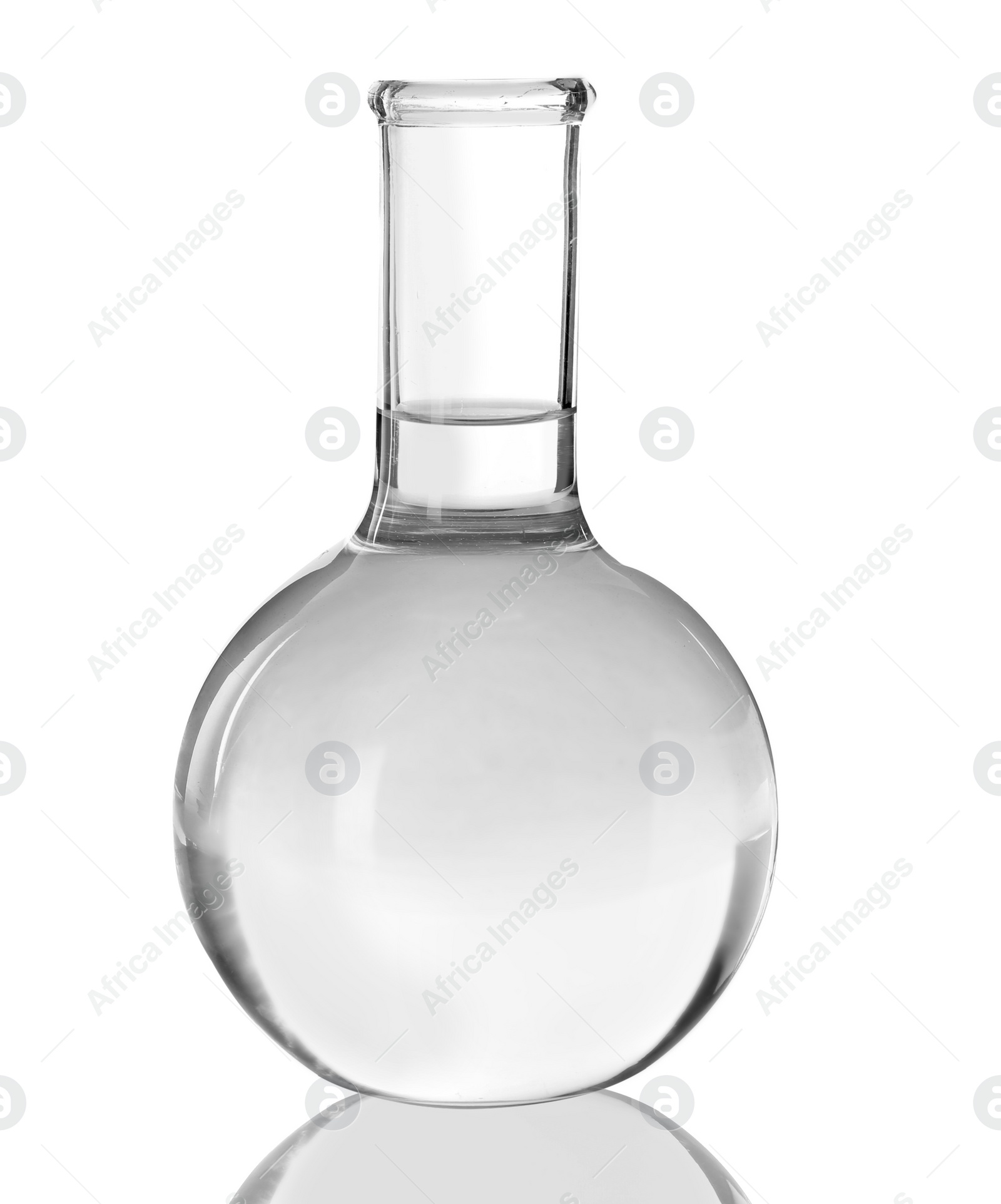 Photo of Flask with liquid on white background. Laboratory analysis equipment