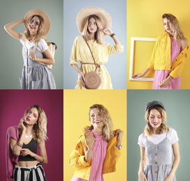 Collage of beautiful young woman posing on different color backgrounds