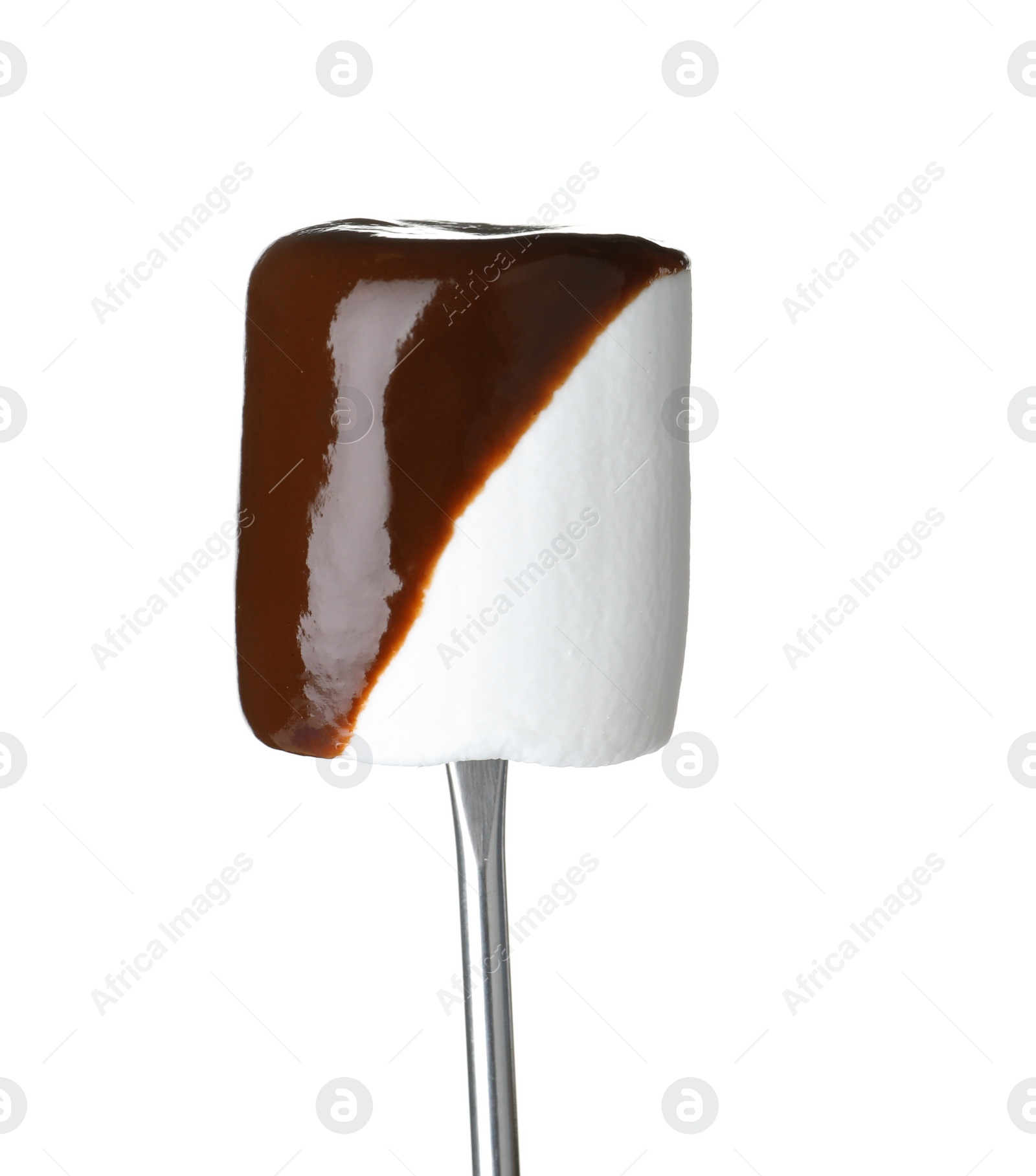 Photo of Marshmallow with chocolate on fondue fork against white background