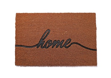 Doormat with word Home isolated on white, top view