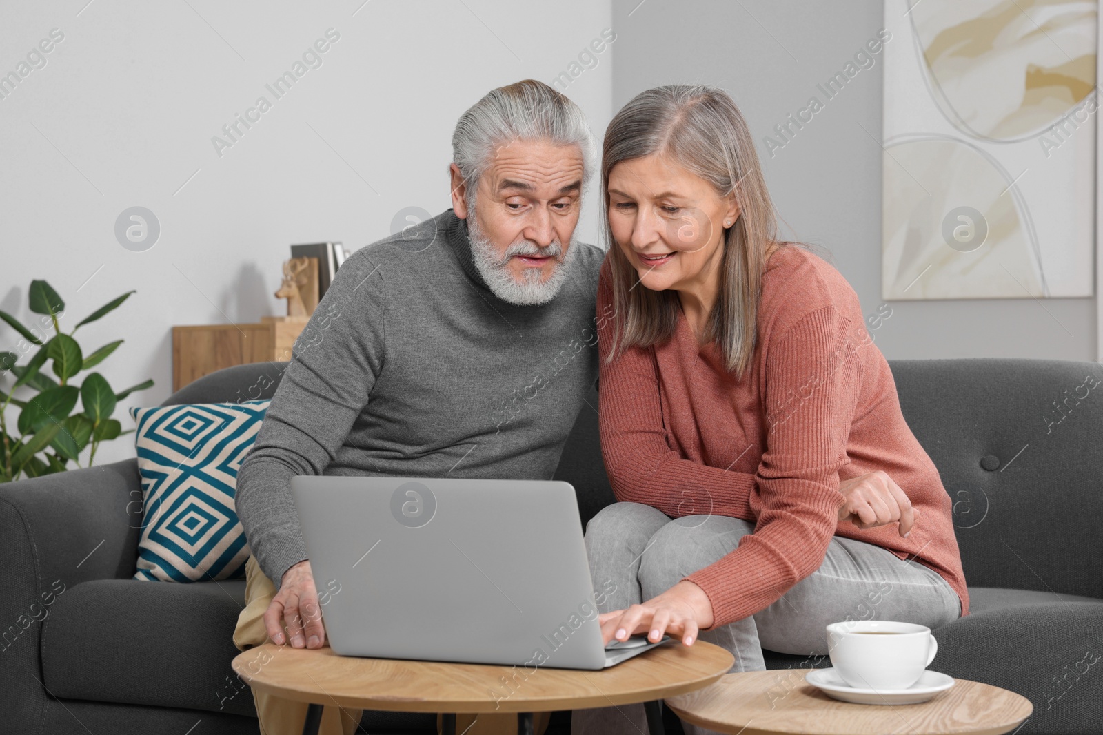 Photo of Elderly couple with laptop discussing pension plan in room