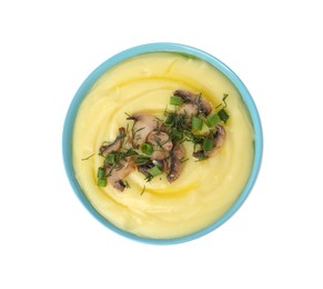 Photo of Bowl of tasty cream soup with mushrooms, green onions and dill isolated on white, top view