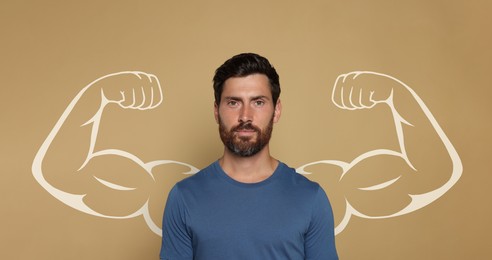 Image of Strong man on beige background, banner design. Illustration of muscular arms behind him