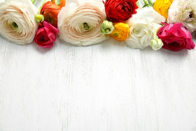 Beautiful ranunculus flowers and space for text on wooden background