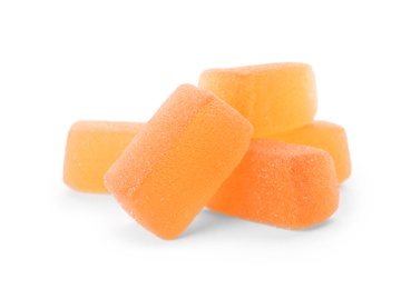 Photo of Pile of delicious jelly candies on white background