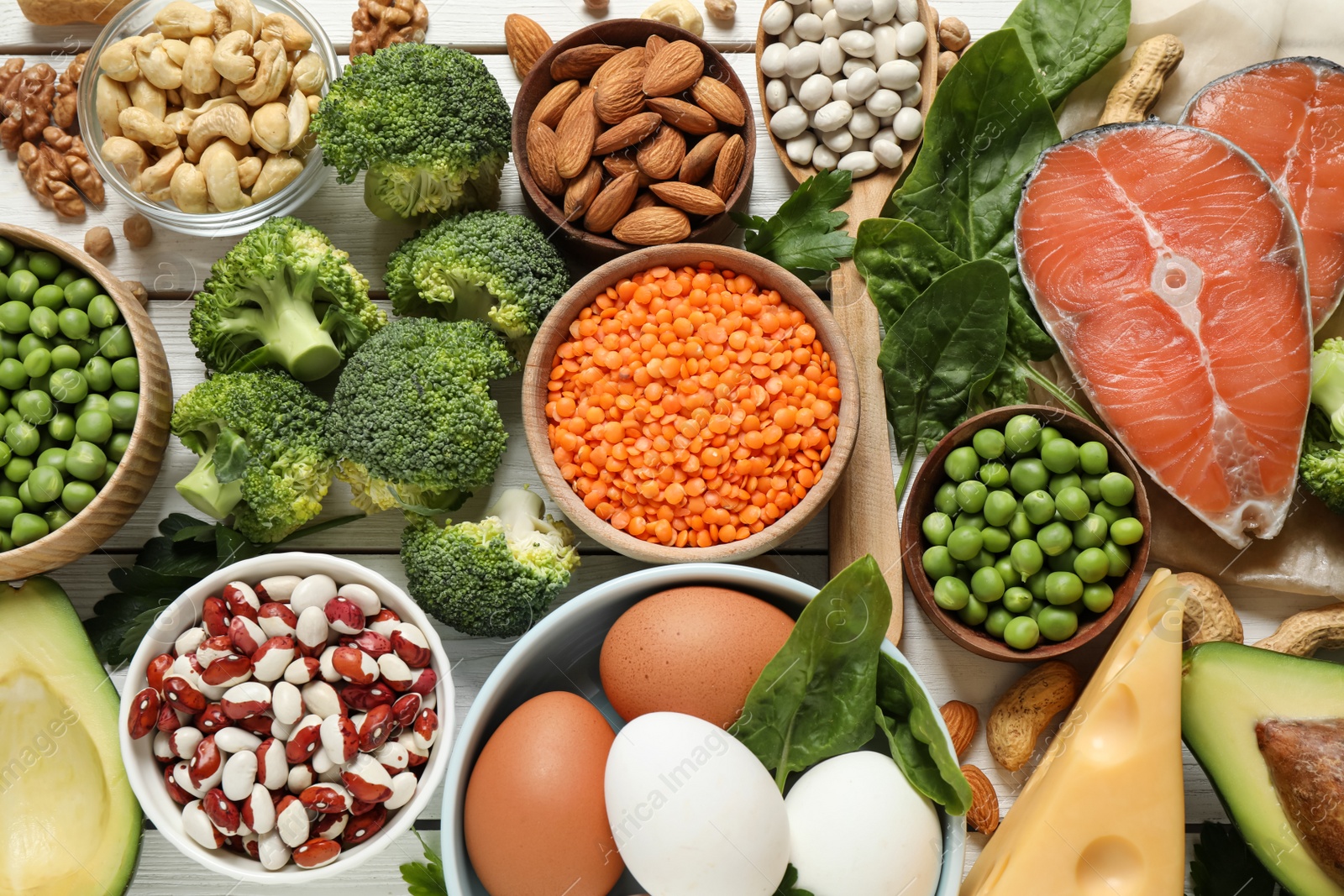 Photo of Products rich in protein on table, flat lay