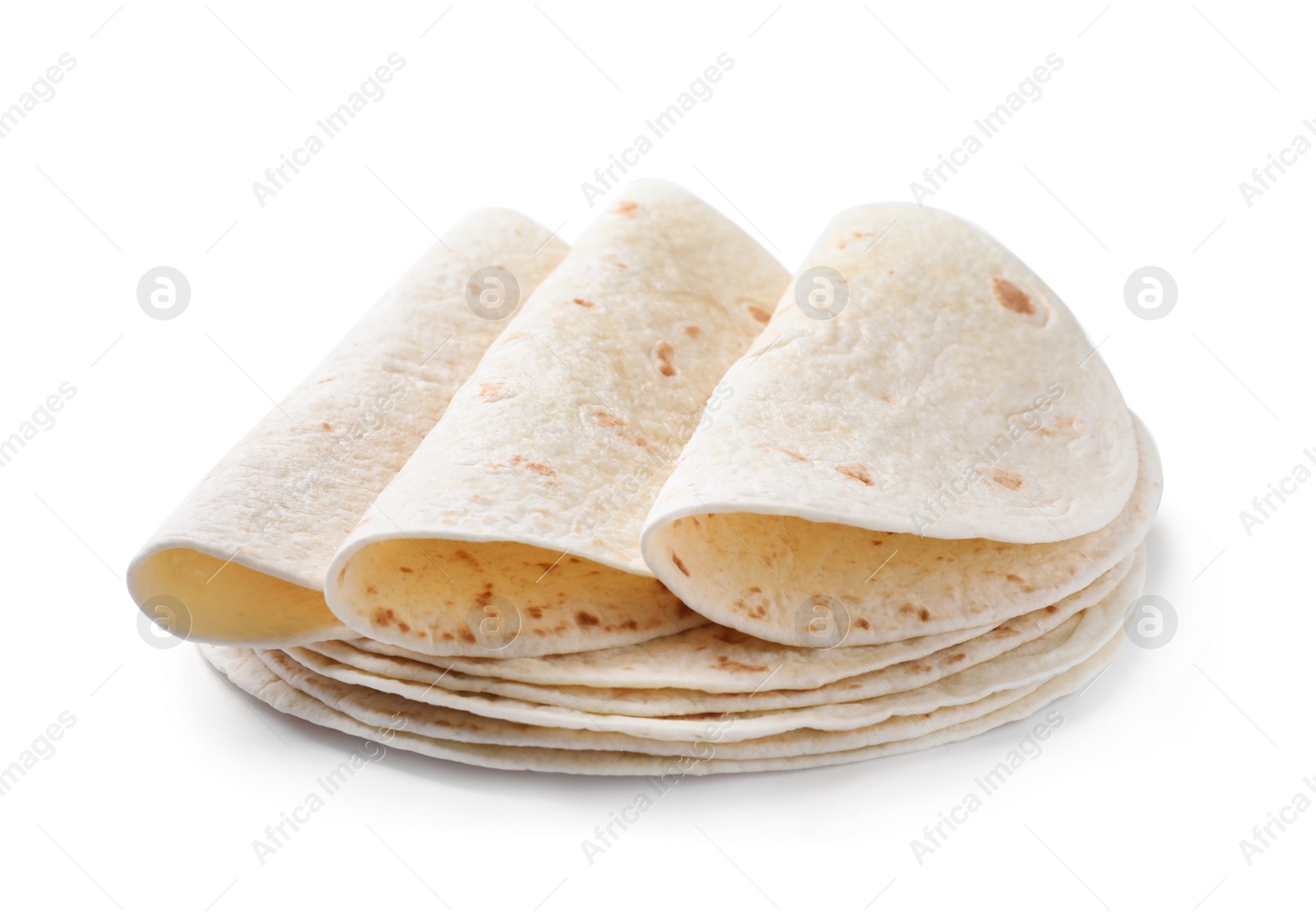 Photo of Corn tortillas on white background. Unleavened bread