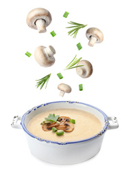 Image of Many different ingredients falling into bowl with homemade mushroom soup on white background