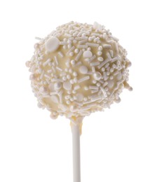 Sweet cake pop decorated with sprinkles isolated on white. Delicious confectionery