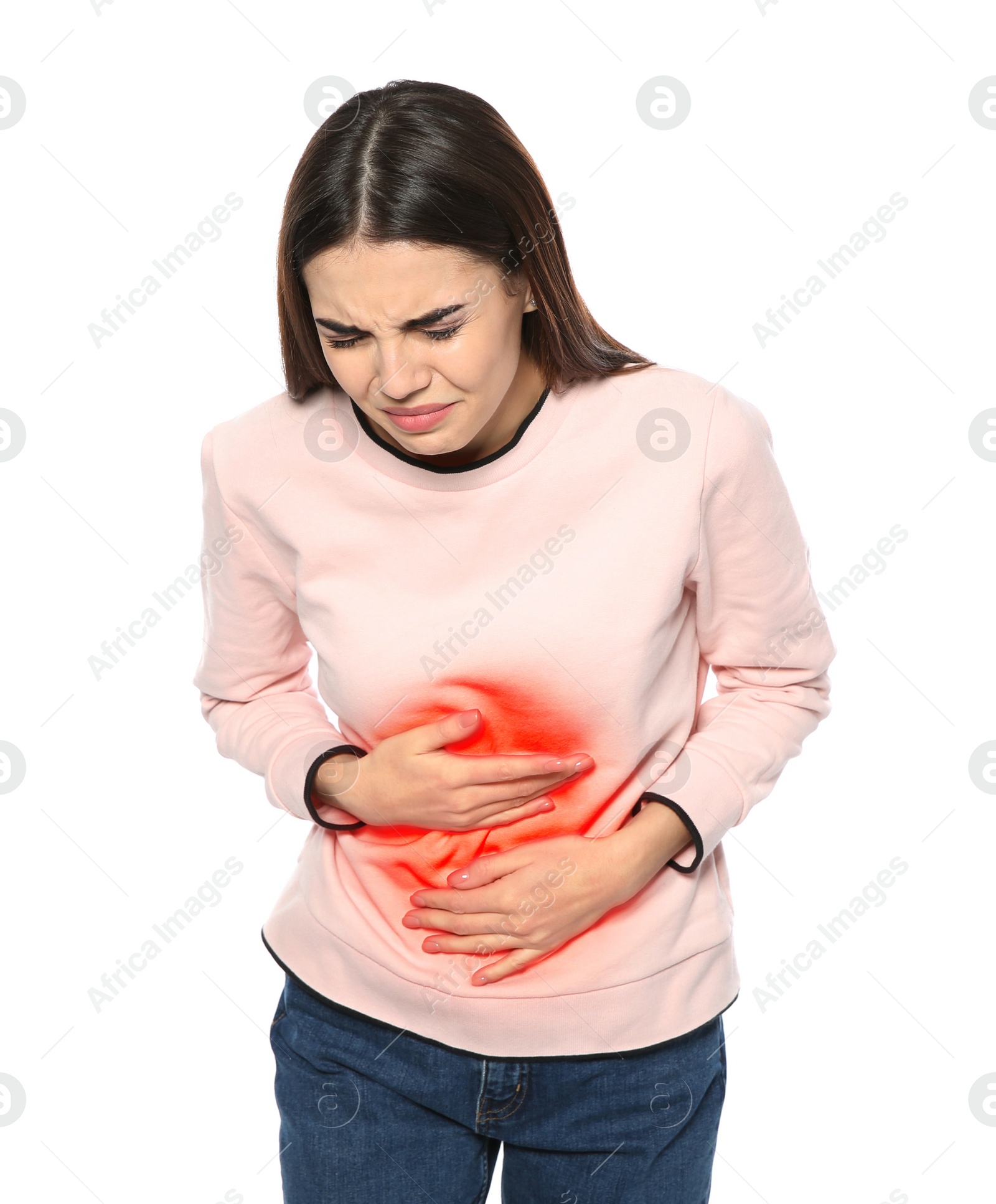 Image of Young woman suffering from abdominal pain isolated on white