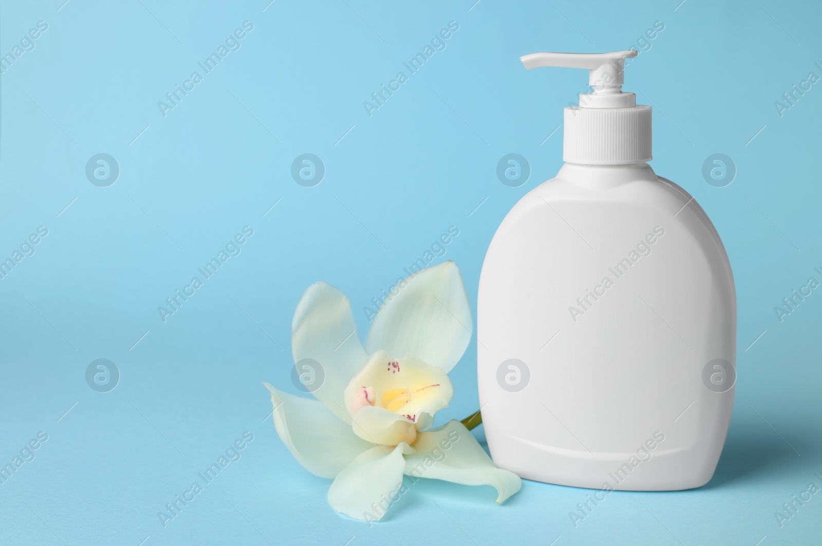 Photo of Bottle of liquid soap and flower on light blue background, space for text