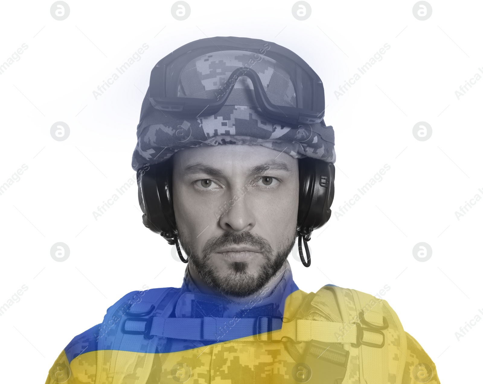 Image of Double exposure of Ukrainian flag and soldier in military uniform on white background