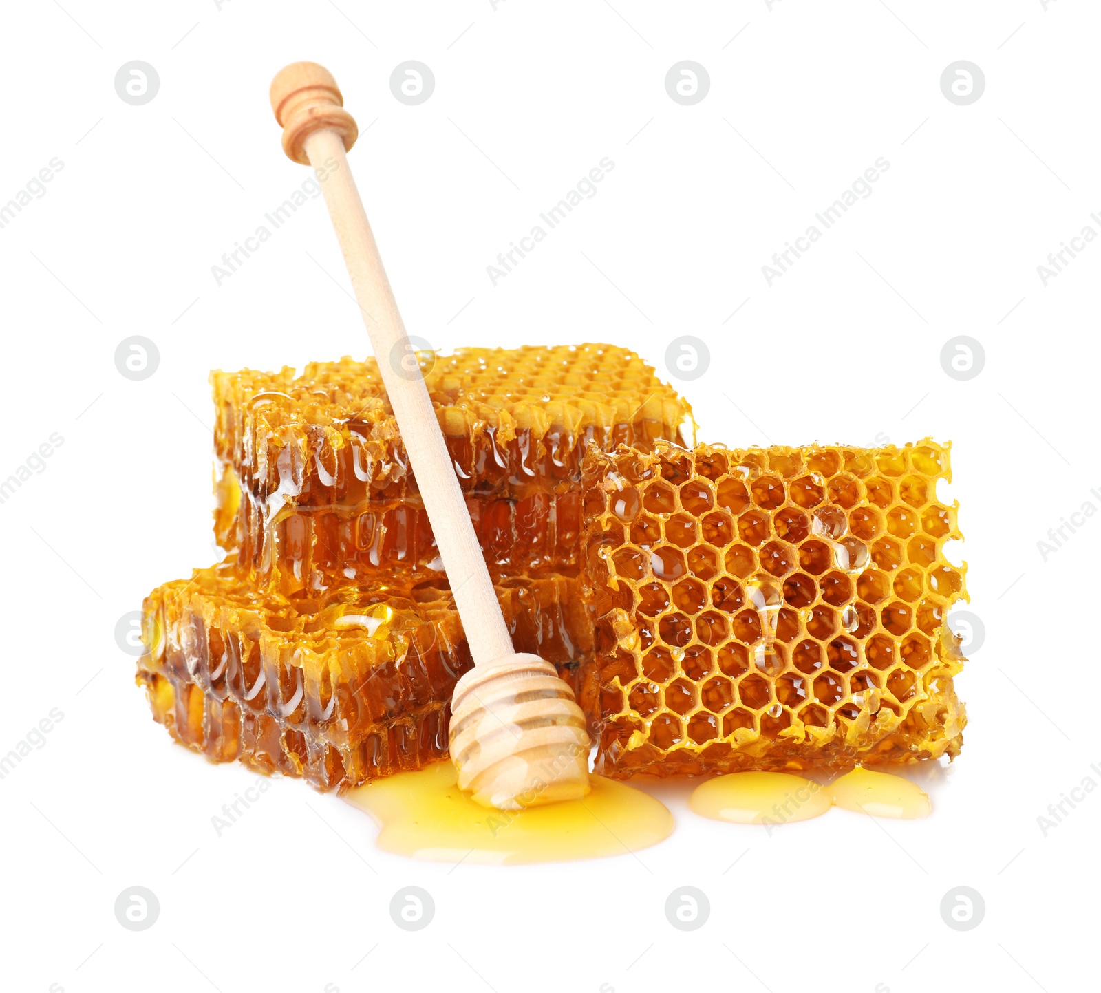 Photo of Fresh honeycombs and dipper on white background