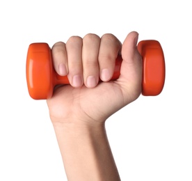 Woman holding vinyl dumbbell on white background, closeup