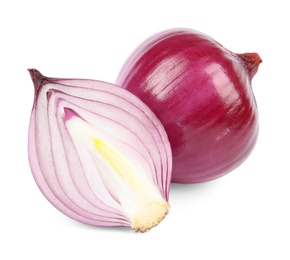 Fresh whole and cut red onions on white background