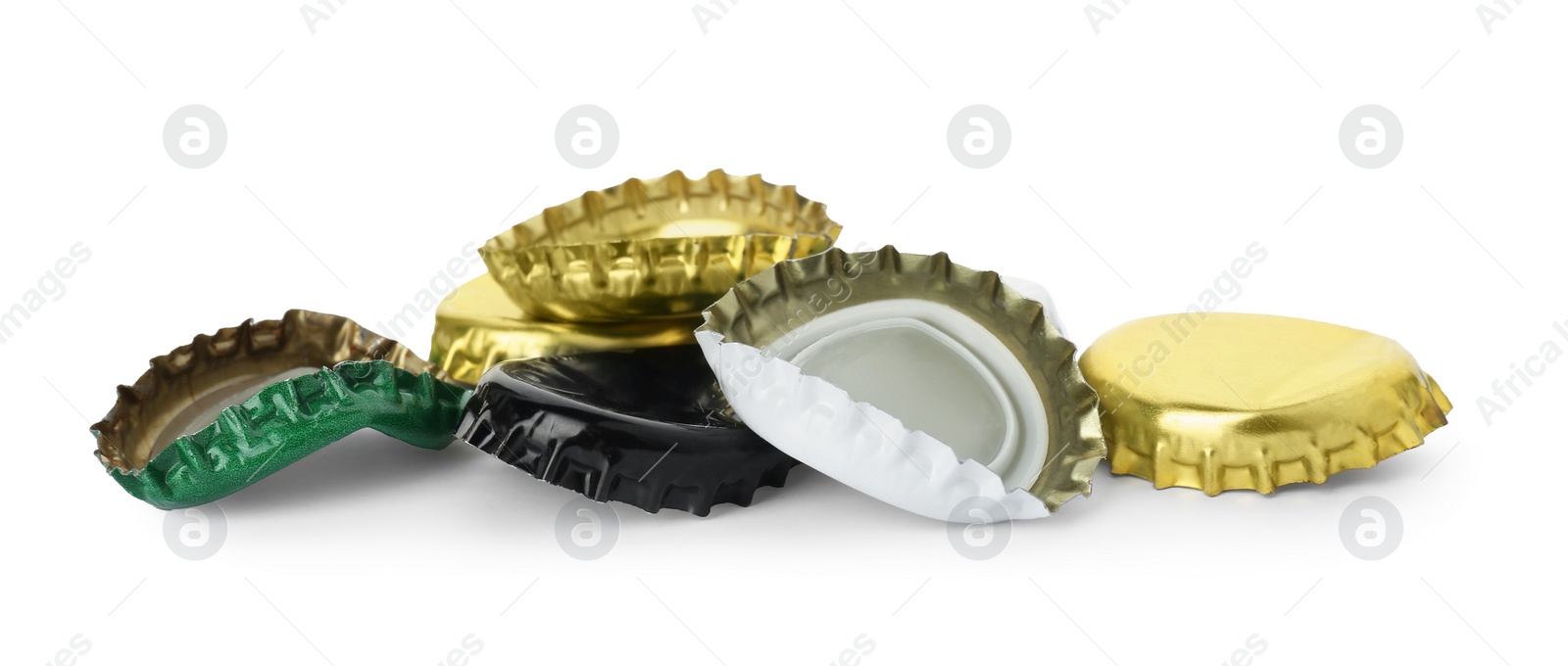 Photo of Group of different beer bottle caps isolated on white