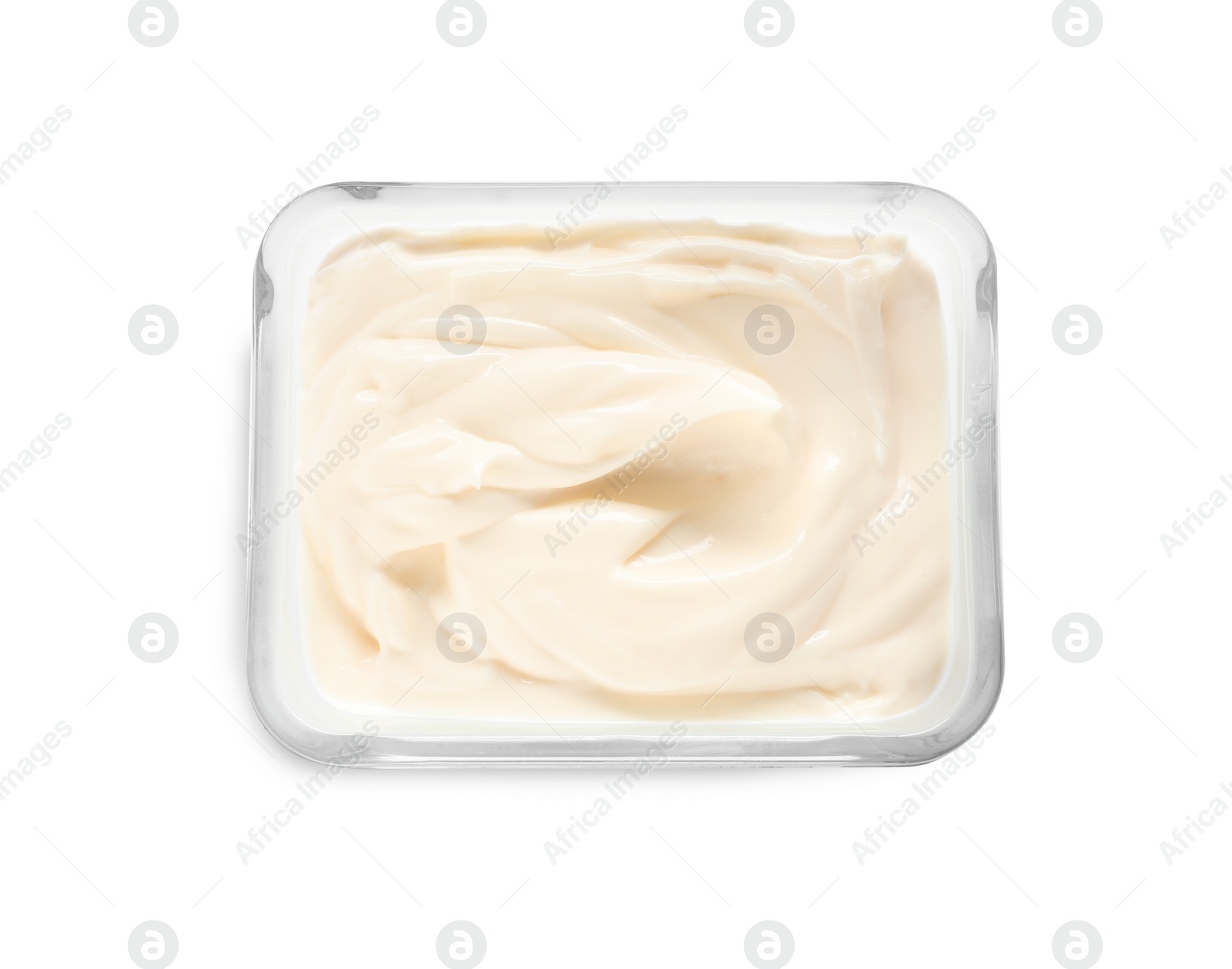 Photo of Mayonnaise in glass bowl isolated on white, top view