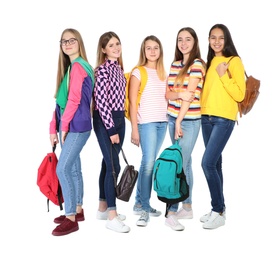 Photo of Group of teenagers on white background. Youth lifestyle and friendship