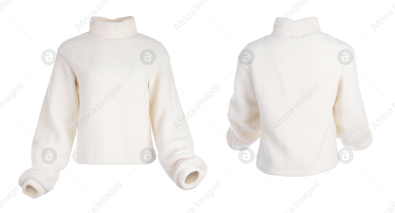 Image of Stylish warm sweater isolated on white, back and front 