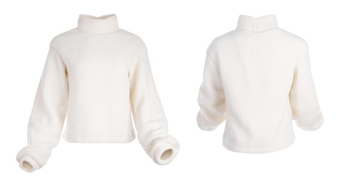Image of Stylish warm sweater isolated on white, back and front 