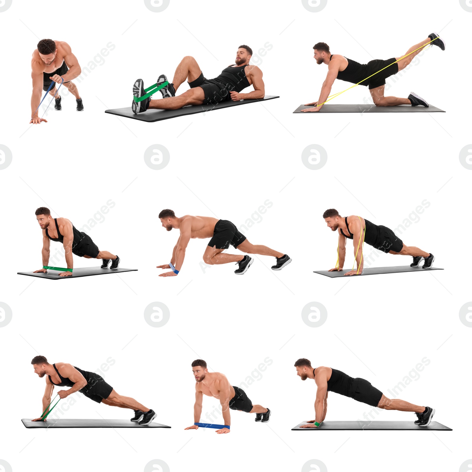 Image of Athletic man doing different exercises with elastic resistance band on white background, set of photos