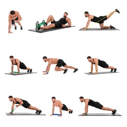 Athletic man doing different exercises with elastic resistance band on white background, set of photos