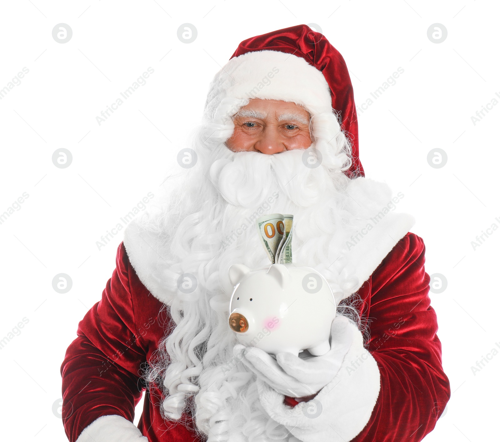 Photo of Santa Claus holding piggy bank with dollar banknotes on white background