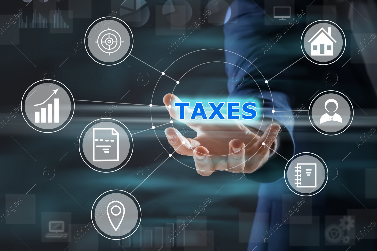 Image of Tax concept. Man demonstrating scheme with icons