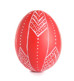 Photo of Creative painted red Easter egg on white background