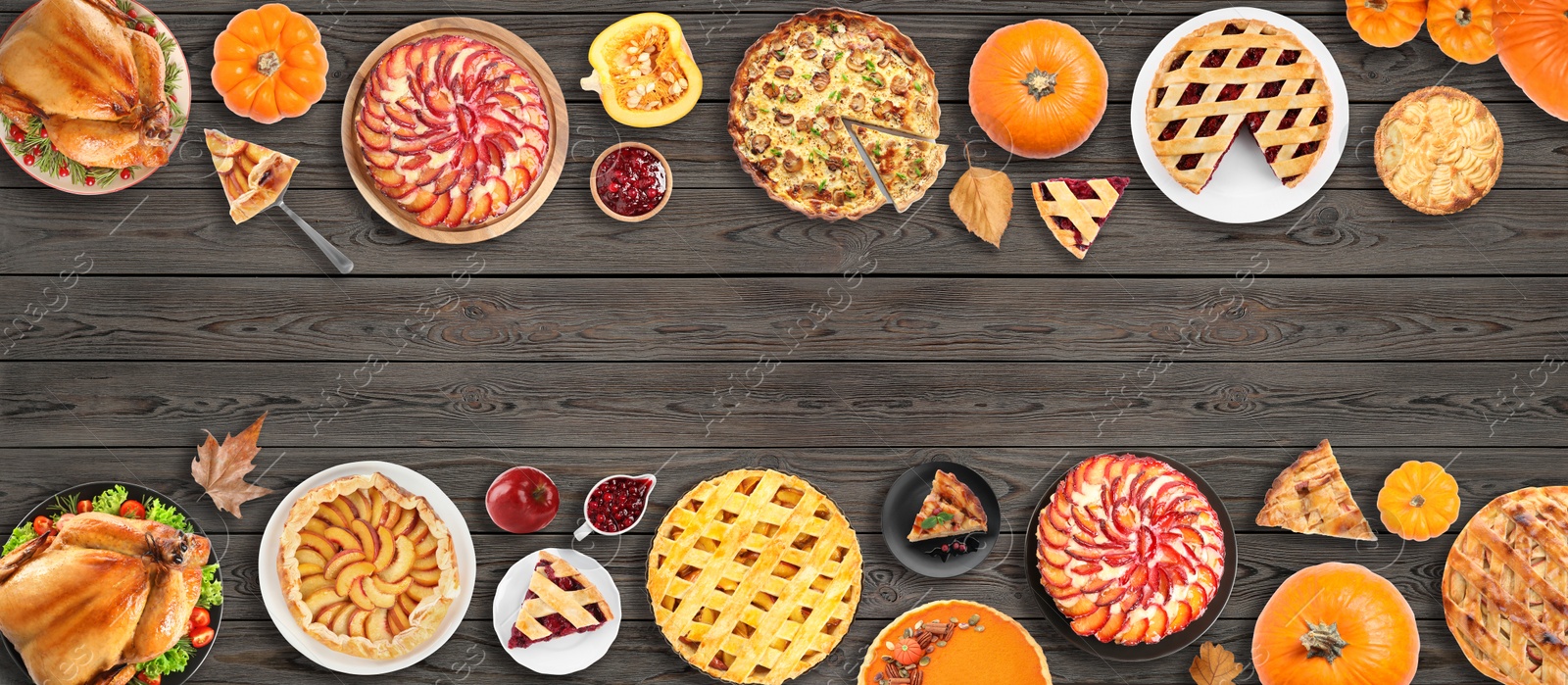 Image of Flat lay composition with different tasty pies on wooden table, space for text. Banner design