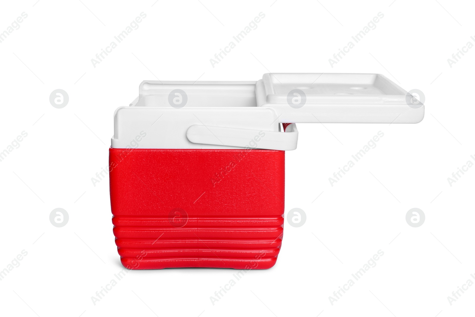 Photo of Red plastic cool box isolated on white