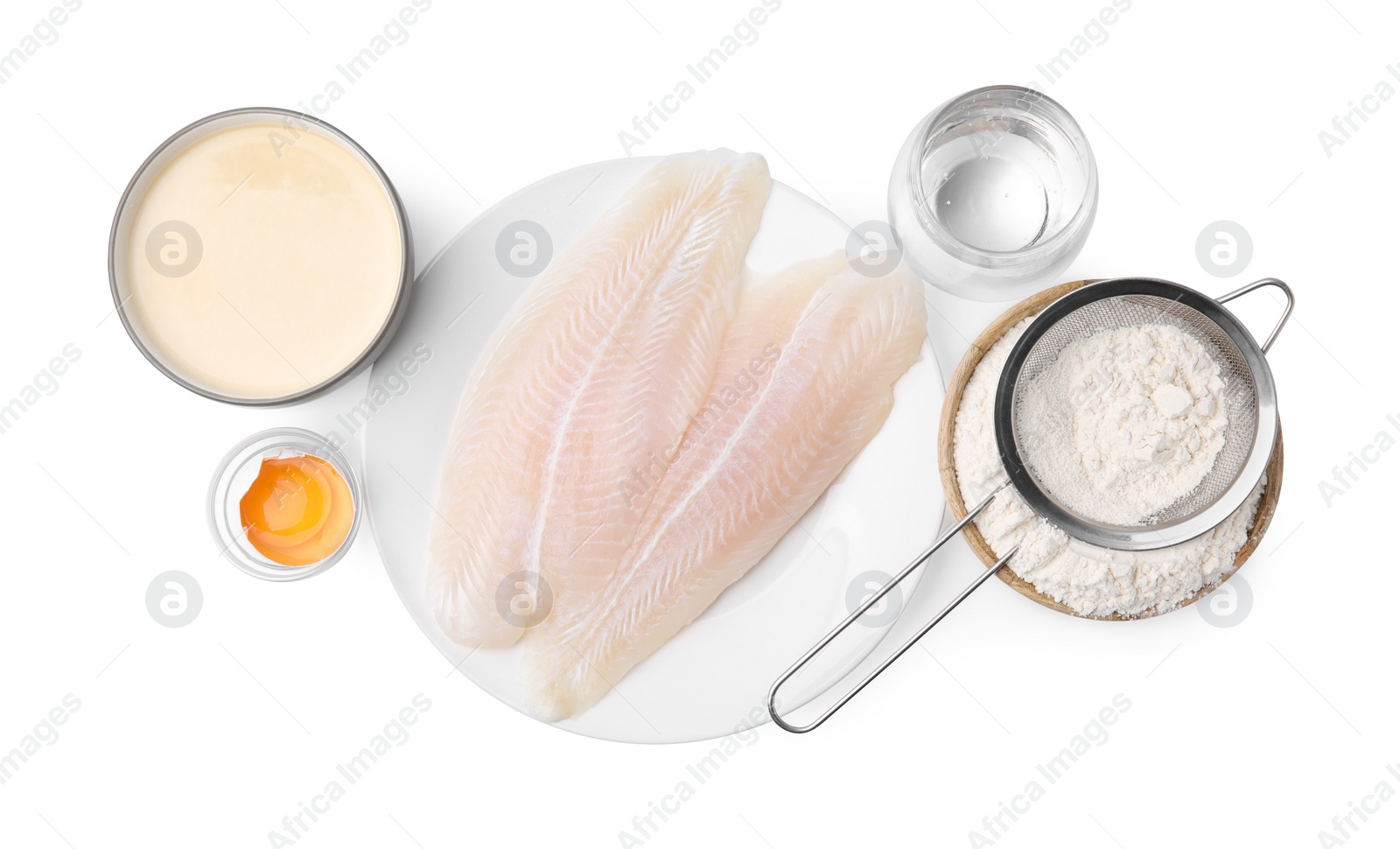 Photo of Cooking fish in soda water batter. Different ingredients isolated on white, top view