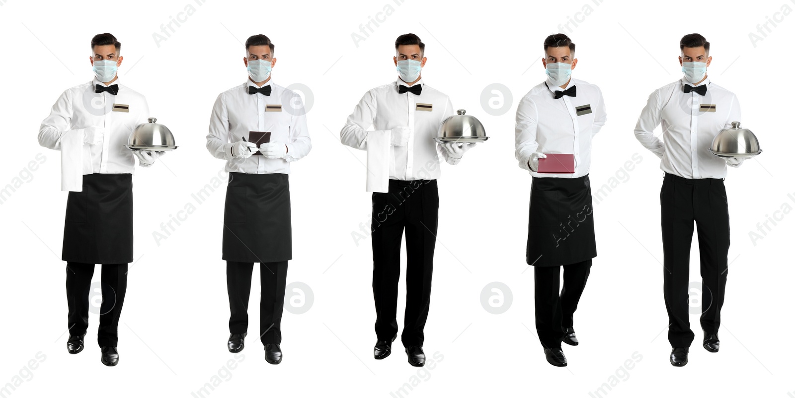 Image of Collage with photos of waiter wearing medical mask on white background. Protective measures during coronavirus outbreak, banner design