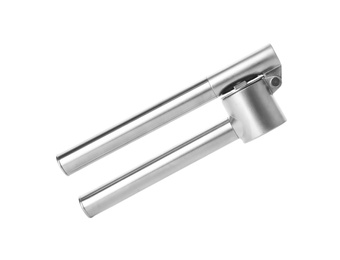 Photo of Garlic press on white background. Kitchen utensils