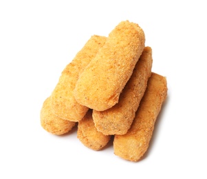 Photo of Tasty crispy cheese sticks on white background