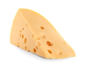 Photo of Piece of delicious cheese on white background