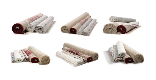 Image of Many different rolled carpets isolated on white, set