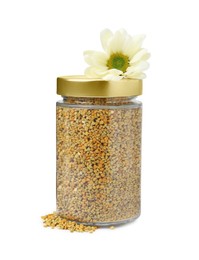 Photo of Fresh bee pollen granules in jar and flower isolated on white