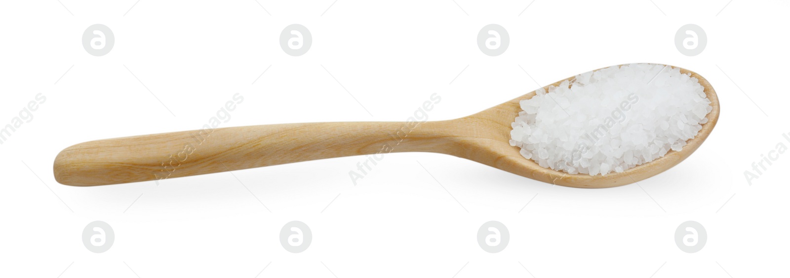 Photo of Natural salt in wooden spoon isolated on white