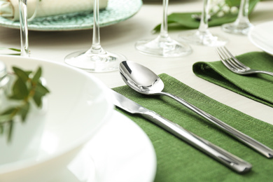 Photo of Stylish clean cutlery on table. Festive setting